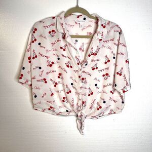 Popsugar White Red Mon Cheri Writing Cherry Tie Front Short Sleeve Blouse large